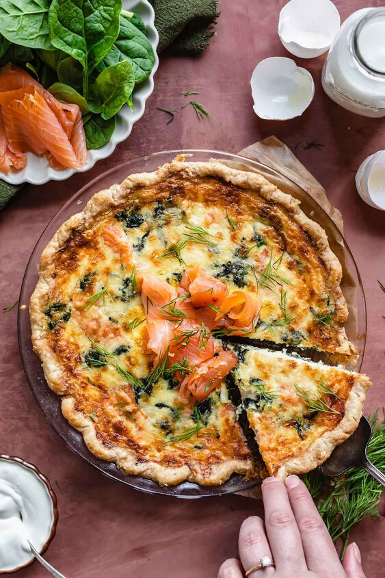 smoked salmon and spinach quiche, Cool for 30 minutes then slice and serve