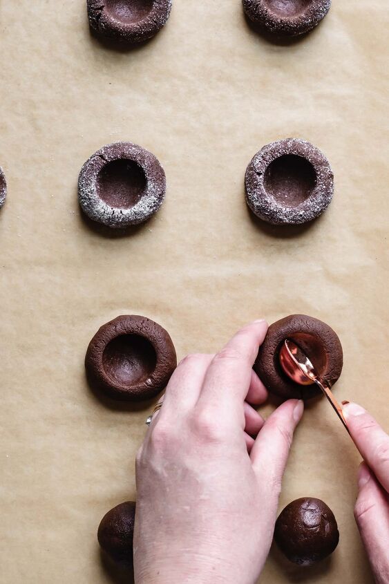 strawberry chocolate thumbprint cookies, Create a well using a teaspoon measure