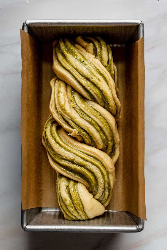 pistachio babka, Transfer the assembled dough to a prepared loaf pan
