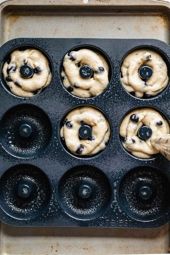 baked glazed blueberry donuts, Pipe the batter into the donut pan