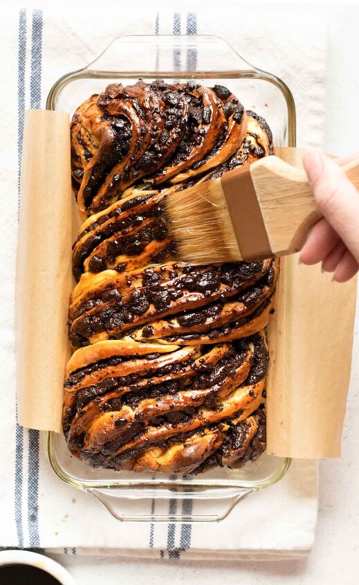 chocolate espresso babka, Brush on the espresso simple syrup after baking