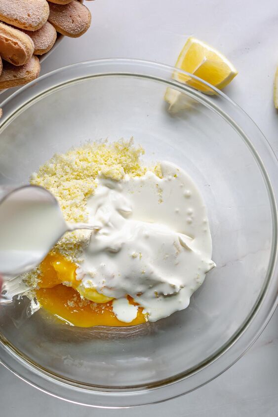 earl grey tiramisu with lemon mascarpone cream, Add the heavy cream to the mascarpone lemon sugar and egg yolks