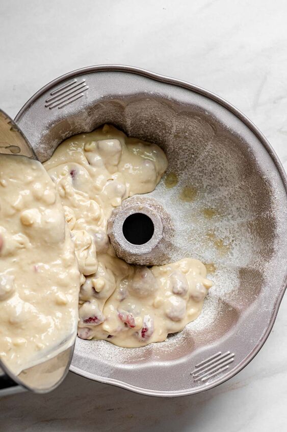 raspberry white chocolate bundt cake, Pour into a prepared bundt pan