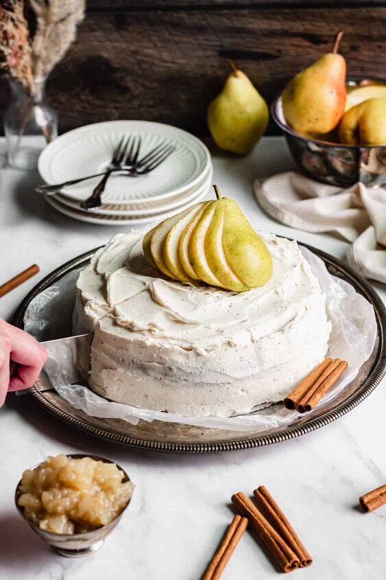pear spice cake with brown butter frosting