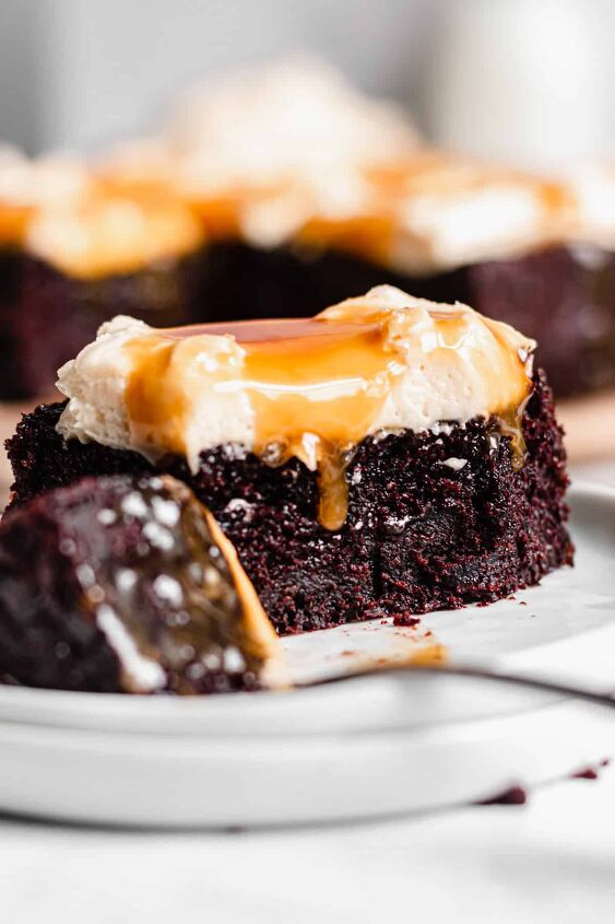 chocolate snack cake with salted caramel frosting