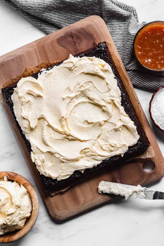 chocolate snack cake with salted caramel frosting
