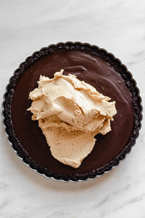 chocolate peanut butter tart, Add the peanut butter layer to the cooled and set ganache