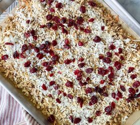 Sprinkle with coconut and dried cranberries