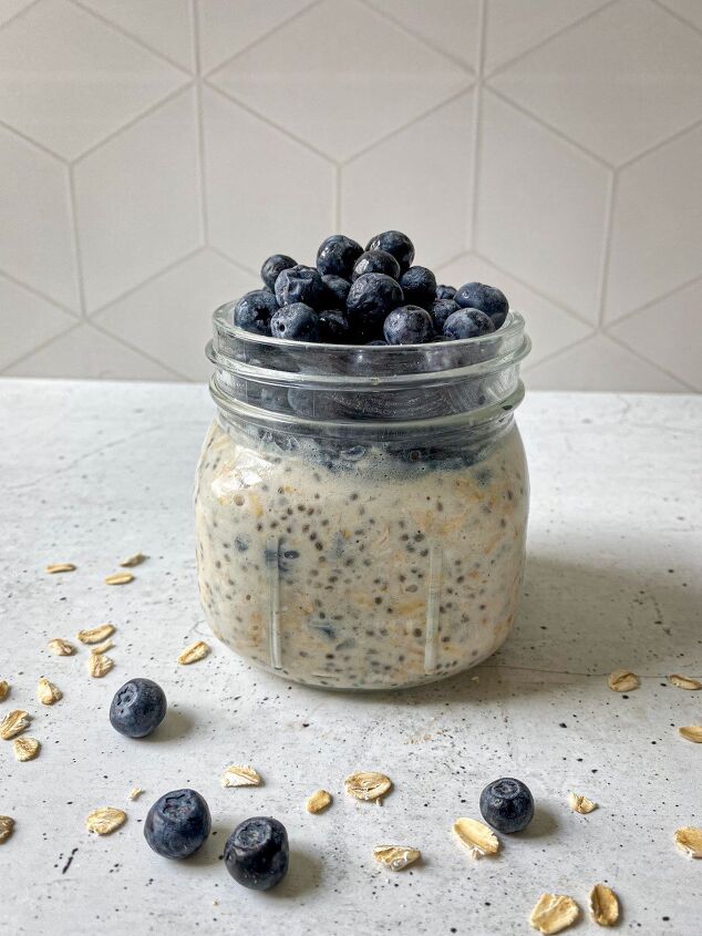 high protein overnight oats 3 flavors happy honey kitchen, Blueberry Cheesecake Overnight Oats