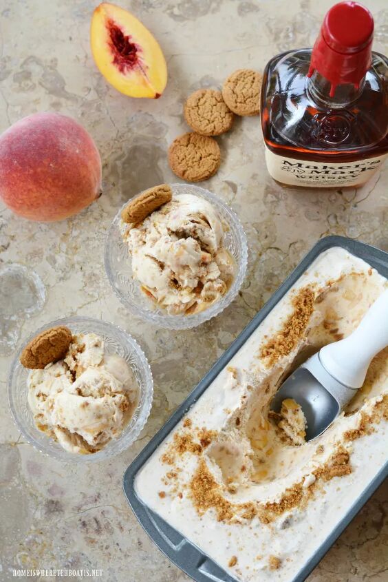 peach bourbon no churn ice cream with ginger snaps