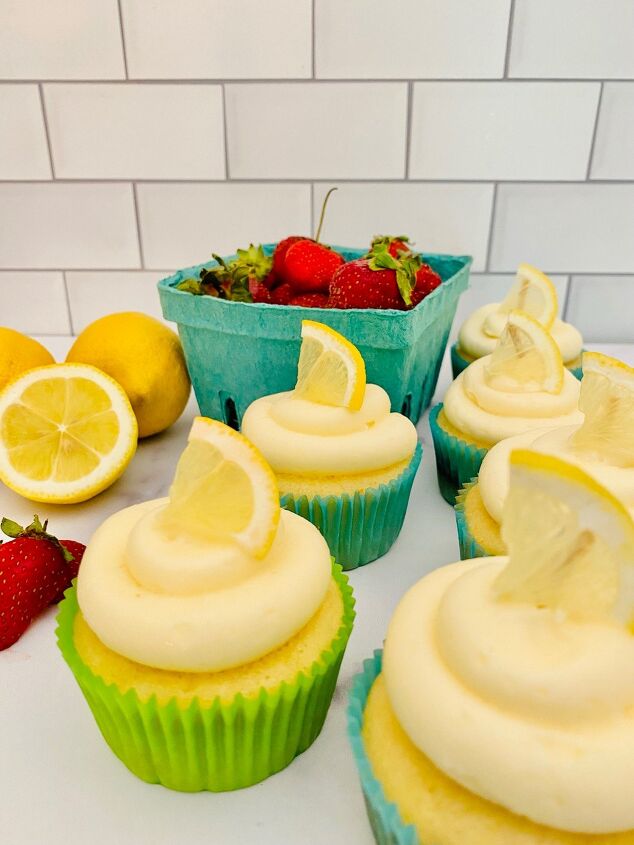 lemon cupcakes with strawberry jam cream cheese frosting