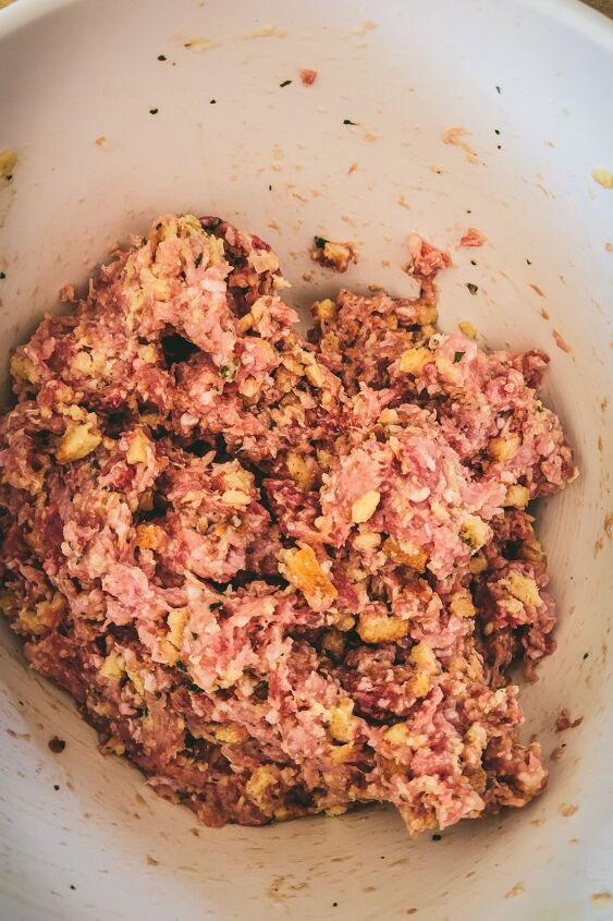 easy stovetop stuffing meatloaf with garlic butter sauce, Mix everything together with your hands until just combined