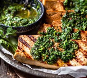 marinated grilled tofu steaks with cilantro chimichurri, grilled tofu with chimichurri on top