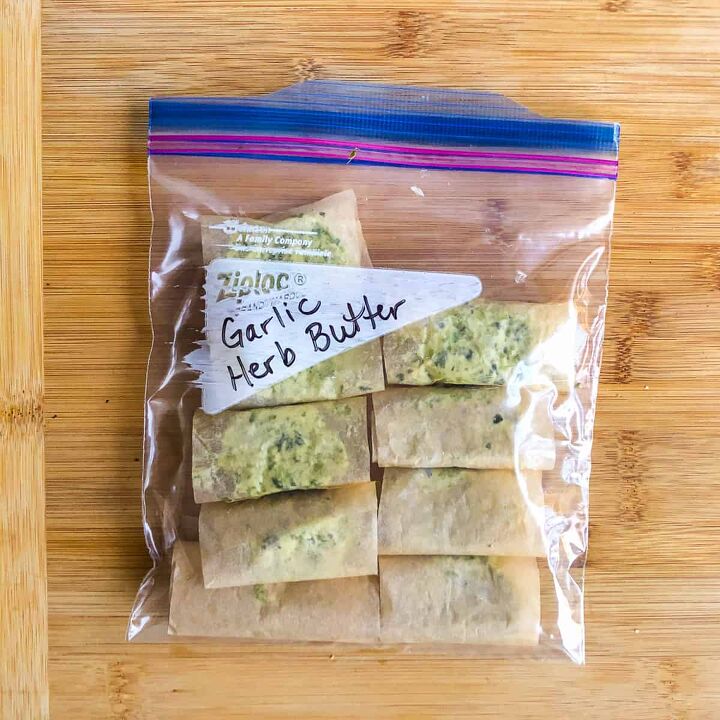 garlic scape butter with herbs, Slice wrap and store in an airtight container for the freezer
