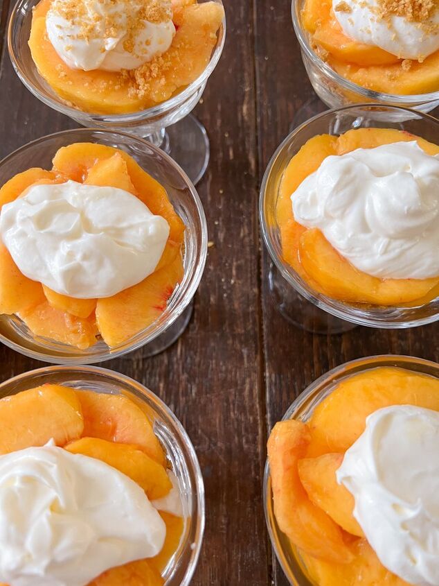 dreamy peaches cream parfait dessert recipe, Top Fresh Peaches with Creamy Topping