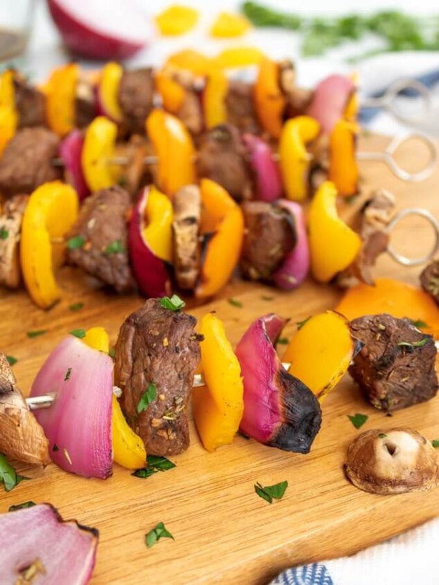 colorful steak and vegetable kabobs on the grill