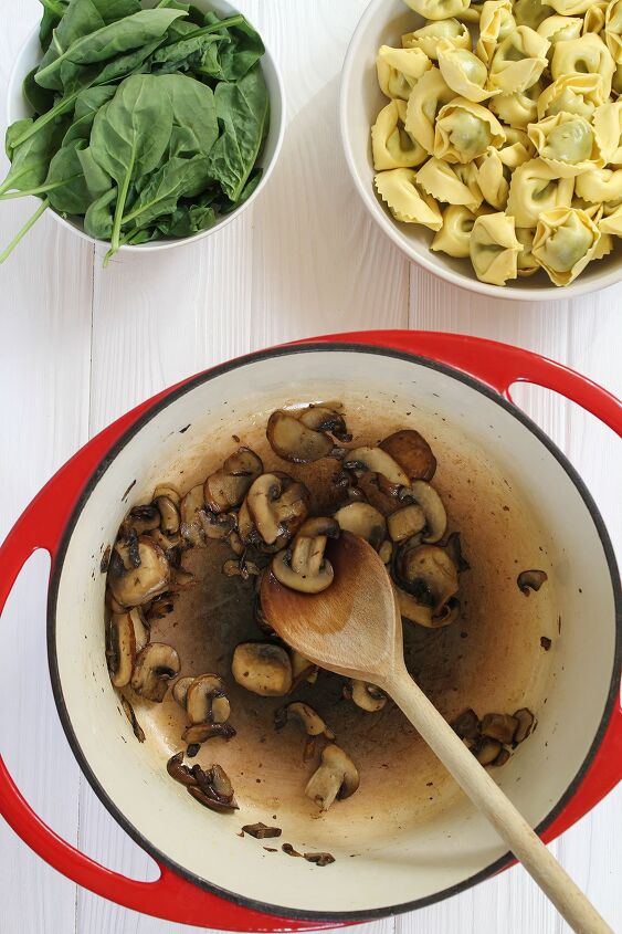 easy chicken alfredo tortellini soup with mushrooms spinach