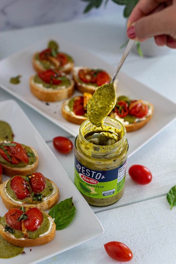 creamy pesto crostini with blistered tomatoes, I received this product for free from Moms Meet momsmeet com to use and post my honest opinions Compensation for this post was provided and this page may contain affiliate links