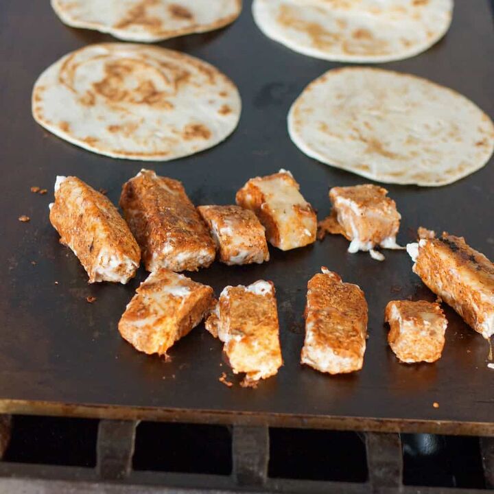 mahi mahi tacos with chipotle crema and mango salsa, Mahi Mahi fish tacos cooking on a Cooking Steel Griddle