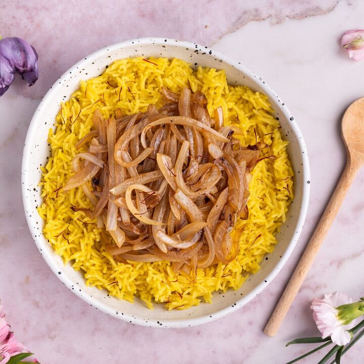 aromatic yellow saffron rice with caramelized onions