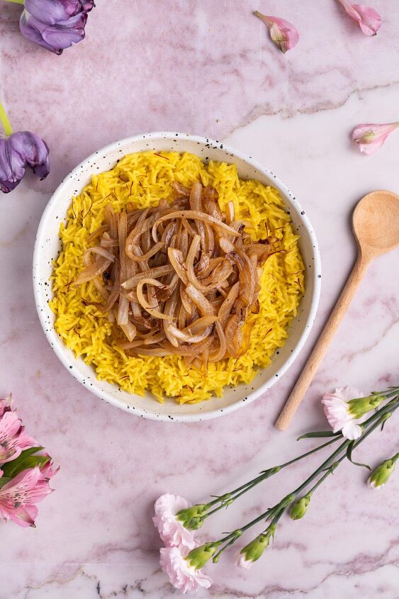 aromatic yellow saffron rice with caramelized onions