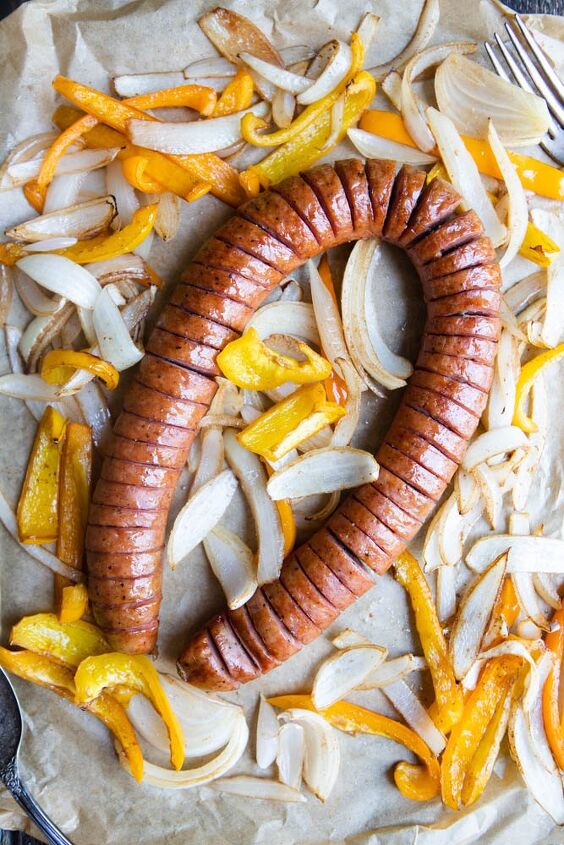 air fryer kielbasa with peppers onions
