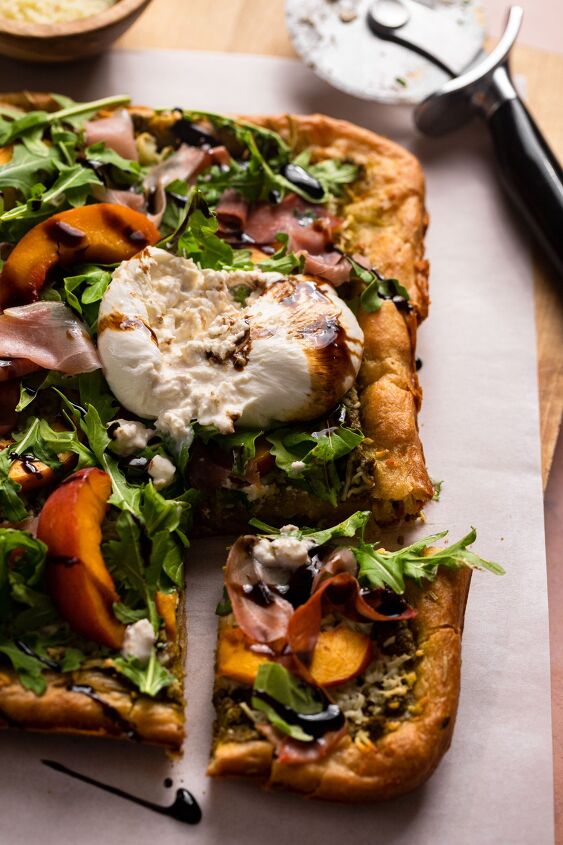 gluten free focaccia crust pizza, This recipe features a perfectly golden fluffy focaccia bread crust that makes it the ideal foundation for fresh toppings like peaches burrata