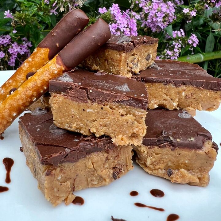 healthy no bake cookie dough bites gluten free, Chocolate coated cookie dough bars and pretzels