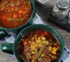 slow cooker hamburger soup, Top down look at the finished slow cooker soup ready to serve