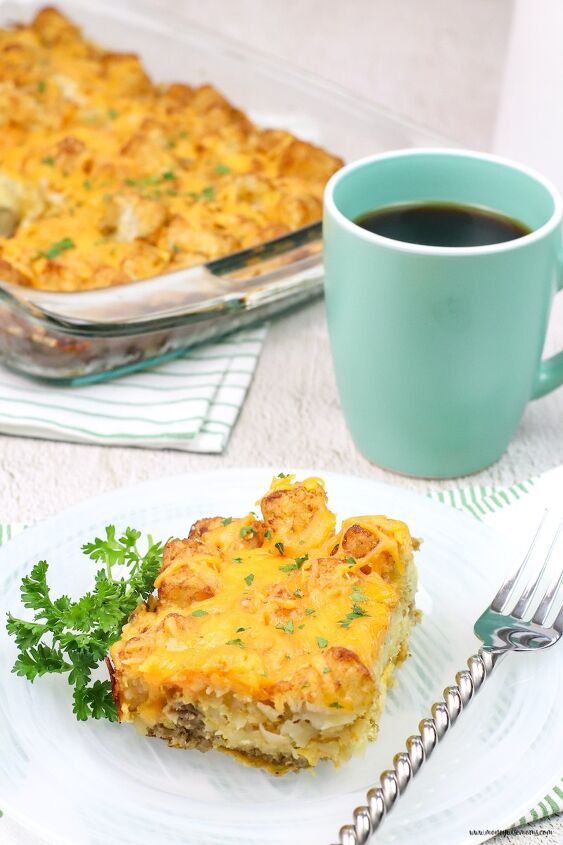 Finished breakfast tater tot casserole recipe ready to eat