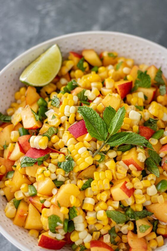 fresh nectarine corn salsa, Fresh Nectarine Corn Salsa in a large serving bowl and topped with fresh mint and a lime wedge