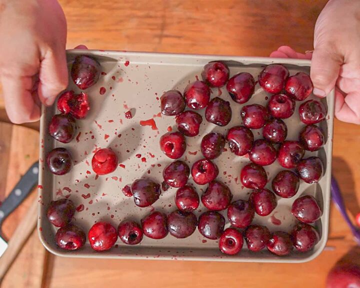 how to dehydrate cherries, person holding quarter sheet tray with sweet cherries