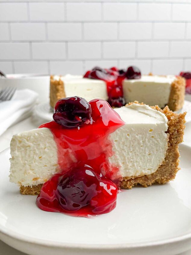 no bake cheesecake with cool whip, piece of no bake cheesecake with cherry topping