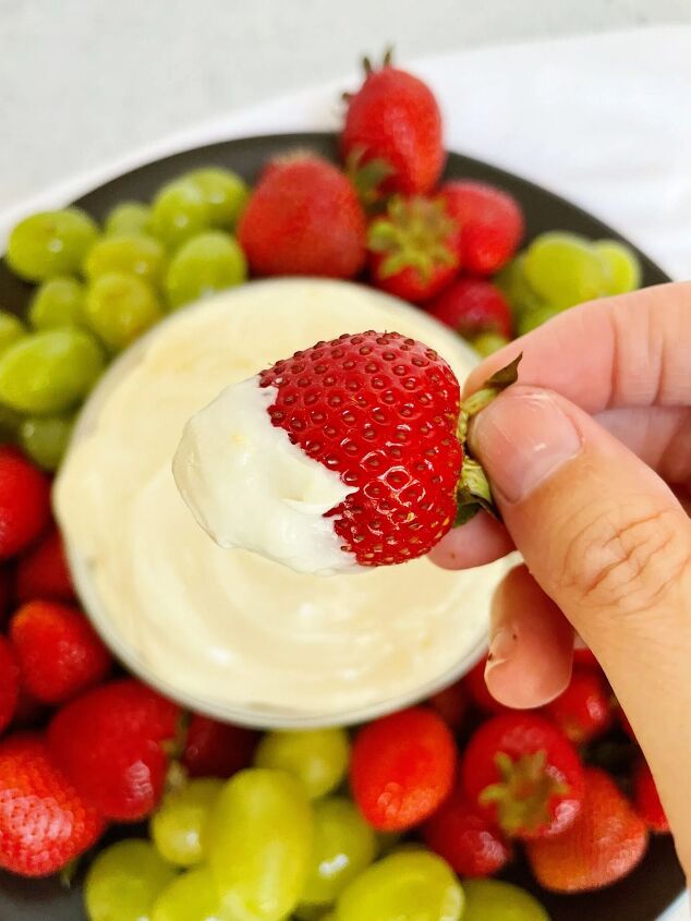 cream cheese fruit dip 4 ingredients, cream cheese fruit dip on a strawberry