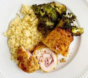 air fryer chicken cordon bleu, air fryer chicken cordon bleu on a plate with couscous and broccoli
