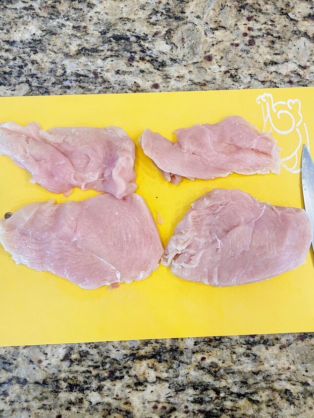 air fryer chicken cordon bleu, First slice chicken breasts in half
