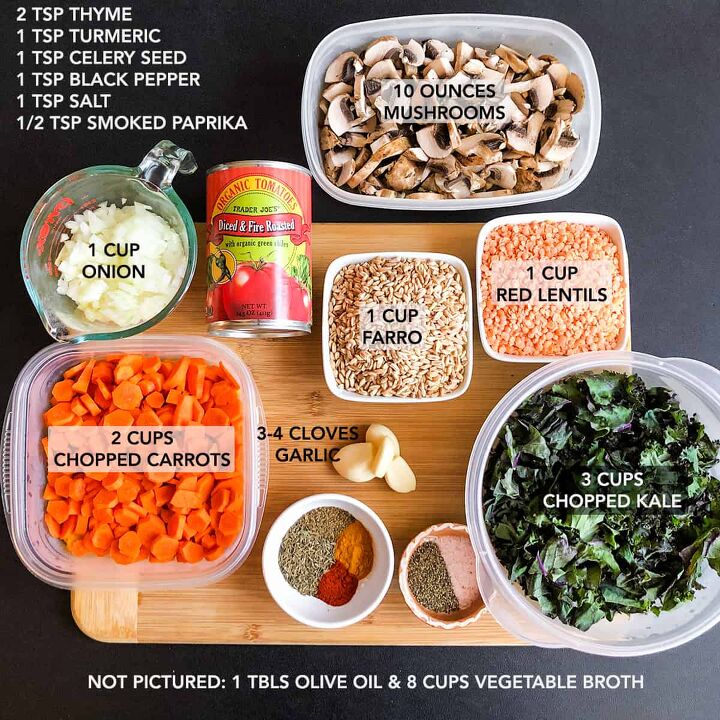 vegetarian lentil farro stew, Ingredients for Vegetable Stew prepped and portioned on a wood cutting board