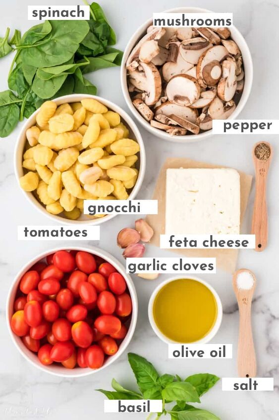 baked feta cheese with gnocchi and tomatoes, The ingredients needed for baked feta gnocchi