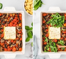 baked feta cheese with gnocchi and tomatoes, The ingredients after baked and stirring in the basil and spinach to the dish