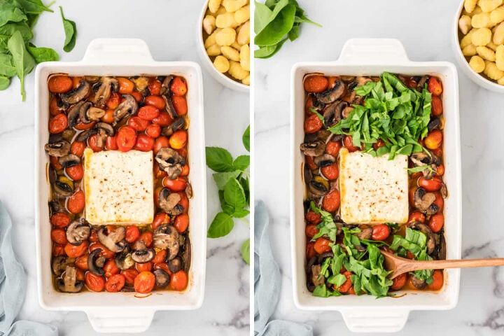 baked feta cheese with gnocchi and tomatoes, The ingredients after baked and stirring in the basil and spinach to the dish