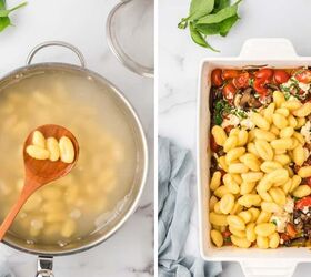 baked feta cheese with gnocchi and tomatoes, The gnocchi cooking in boiling water and adding the gnocchi to the roasted vegetables