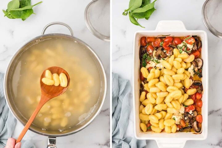 baked feta cheese with gnocchi and tomatoes, The gnocchi cooking in boiling water and adding the gnocchi to the roasted vegetables