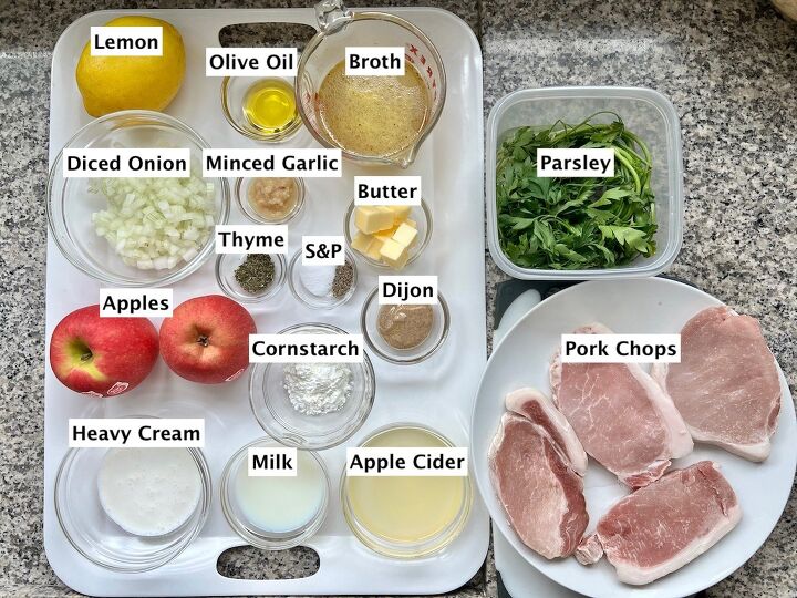 pork normandy with apple and onion sauce, Ingredients prepped and measured out for Pork Normandy recipe