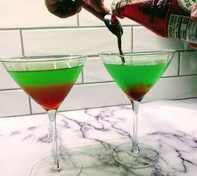 two fun halloween cocktails, Pouring the grenadine into the Monstertini Halloween Cocktail to make it red and green We made this for Halloween but it wouls also make a great red and green Christmas cocktail