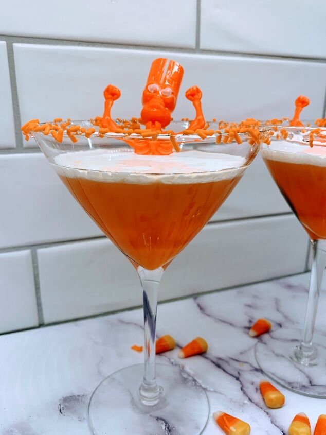 two fun halloween cocktails, Granish the martinis with cute Halloween items from the dollar store