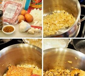easy baked spaghetti pie, image of 4 stages of spaghetti pie ingredients sauteing onions browning meat and sausage