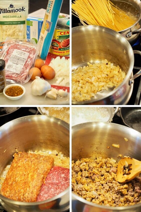 easy baked spaghetti pie, image of 4 stages of spaghetti pie ingredients sauteing onions browning meat and sausage