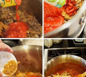 easy baked spaghetti pie, Process shots for baked spaghetti pie 1 adding sauce to browned beef 2 adding tomato paste to beef mixture 3 adding italian spices and 4 stirring in spaghetti into meat sauce