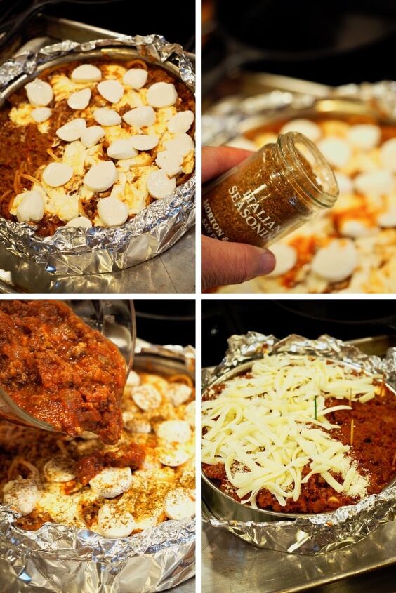 easy baked spaghetti pie, Process shots for baked spaghetti pie adding additional cheese 2 sprinkling on a little more Italian seasoning 3 pouring the balance of the sauce 4 adding shredded mozzarella cheese