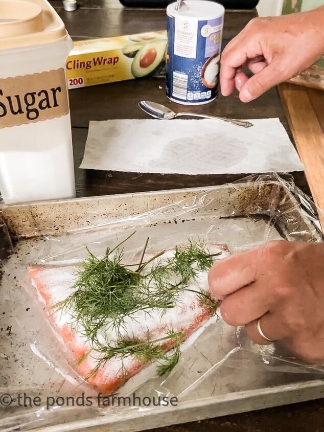 Add dill to top of salmon for cured smoked salmon recipe